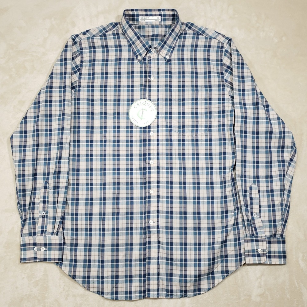 Criquet Button Down Shirt Mens XL Blue‎ White Plaid Cotton Long Sleeve USA Made